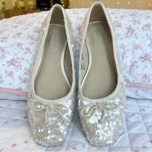 Scoop Women’s Square Toe White Sequin Dainty Ballet Flats With Bow 9.5
